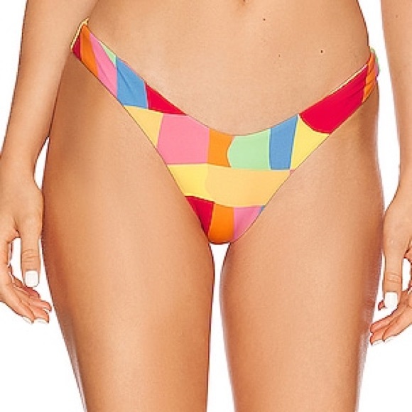 New It's Now Cool x Free People 90s Eco Knot Bandeau Hi-Cut M Red Splice Bikini - Picture 3 of 14